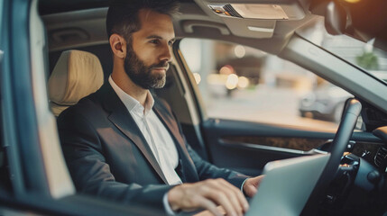 Handsome businessman working on laptop computer while sitting in luxury car. 