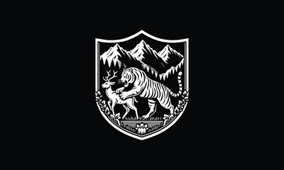 shield tiger, deer hunting logo design, deer, tiger, mountain design 