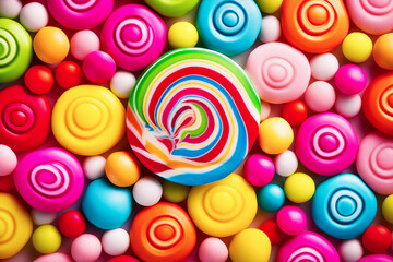 Fototapeta na wymiar Colorful lollipops and candy background. Top view