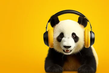 Poster a panda, panda with headphones listening to music, yellow background © Salawati