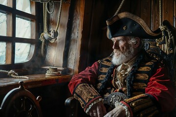 Captain of the ship sitting inside his Captain's Quarters - obrazy, fototapety, plakaty