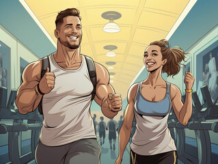 Happy athletic couple getting out of gym after sports training. 