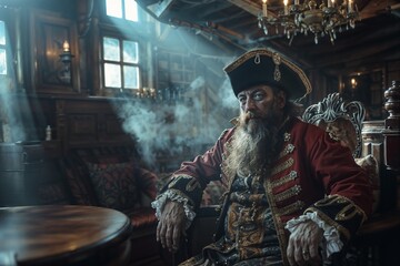 Pirate Captain sitting in a smoky Captain's quarters of his galleon