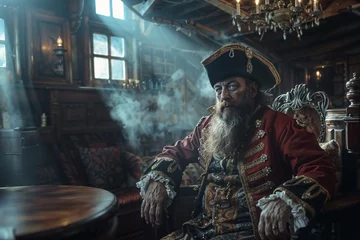 Deurstickers Pirate Captain sitting in a smoky Captain's quarters of his galleon © Charlie