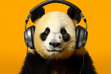 a panda, panda with headphones listening to music, yellow background
