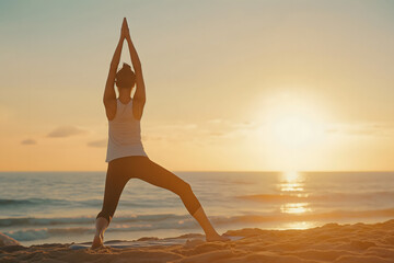 Fototapeta na wymiar A woman practicing yoga during golden hour on a serene beach, the sun setting over the ocean in the background. Soft, warm lighting. Calmness