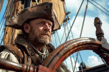 Fototapeta premium pirate sailing a ship at the helm