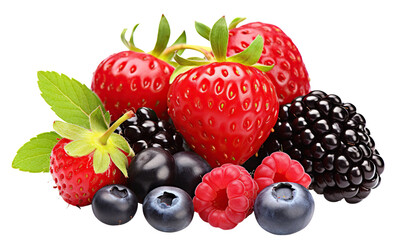 Vibrant collection of ripe berries, featuring strawberries, blackberries, raspberries, and blueberries, cut out - Powered by Adobe