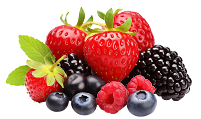 Vibrant collection of ripe berries, featuring strawberries, blackberries, raspberries, and blueberries, cut out