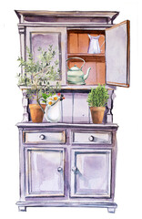 Vintage furniture concept illustration. Beautiful antique kitchen closet with kitchen supplies feminine design. Victorian furniture clipart.