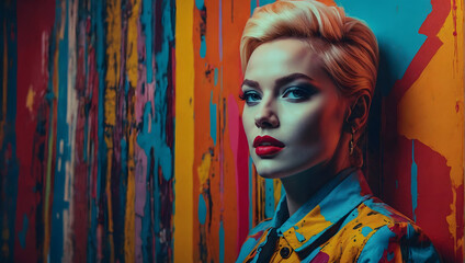 Pop art portrait with vibrant colors. Celebrity figure. Painting exhibited in a modern gallery. A pop culture-themed poster.