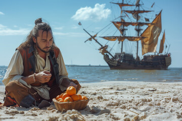 Pirate on a beach in front of a Galleon eating oranges to avoid scurvy