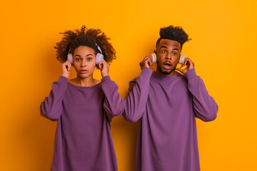 Young curious nosy couple two friend family man woman of African American ethnicity wear purple casual clothes together try to hear you overhear listening intently isolated on plain yellow background