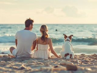 Happy family sits by the beach of sea with the dog 
