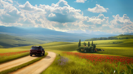 Spring beautiful landscape with a car on a country road through the hills stretching to the horizon, sky with clouds, concept poster about traveling on vacation along new routes