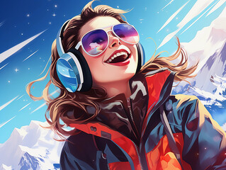 happy girl wear sunglasses spending weekend at ski resort winter holiday concept 