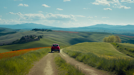 A family drives a crossover SUV along a spring road in Tuscany, the road passes through low hills, a patchwork of flowering fields - obrazy, fototapety, plakaty