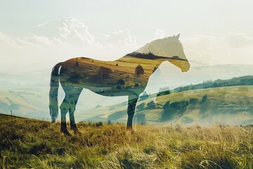 A horse superimposed with the rolling hills of a countryside landscape in a double exposure - obrazy, fototapety, plakaty