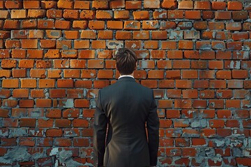 Unyielding Ambition A Businessman Confronts a Symbolic Brick Wall, Illustrating Economic Challenges, Sanctions, and Potential Business Deadlocks with Determination
