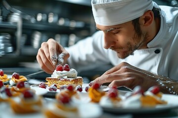 Professional Chef in a Modern Kitchen Skillfully Decorating Delicious Raspberry and Cream Pastries,...
