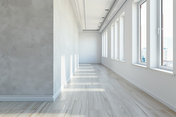 Obraz premium Stylish office interior with workspace and window. Mock up empty wall