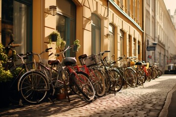 Fototapeta na wymiar bicycles parked in the street of European town. Eco transport. Problem of stealing bikes in europe.