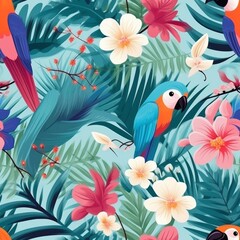 colorful tropical birds and flowers flat illustration seamless pattern. Parrots and toucans and frangipani flower.