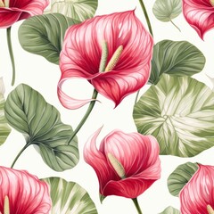 exotic red anthurium flower trendy botanical illustration seamless pattern
