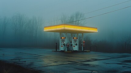 A gas station inside an empty lot, in the style of misty, contemporary landscape. Generative AI. - obrazy, fototapety, plakaty