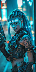 Portrait of a futuristic sci fi cyber punk female holding a laser rifle and walking the downtown streets. - 745982047