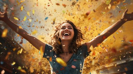 Happy woman with arms outstretched in confetti hyper realistic 