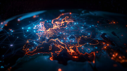 Abstract Europe map from space, united network europe, global network and connectivity, comunication of the countrys, international data transfer and cyber technology, worldwide, generated ai - obrazy, fototapety, plakaty