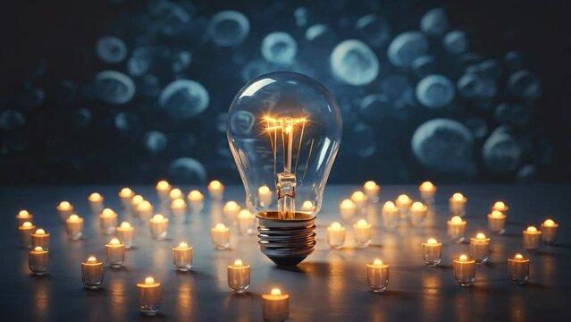 Great innovation and inspiration, creativity with light bulbs that shine glitter on table, new ideas with innovative technology and creativity, business, education, technology