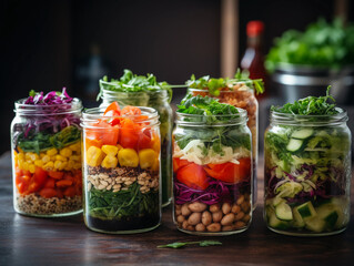 Healthy vegan dishes in glass containers with fresh raw vegetables 