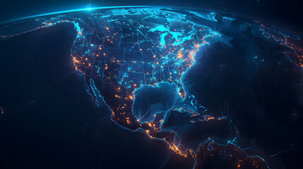 Abstract North America map from space, global network and connectivity, comunication of the country, international data transfer and cyber technology, worldwide business, information exchange and tele - obrazy, fototapety, plakaty