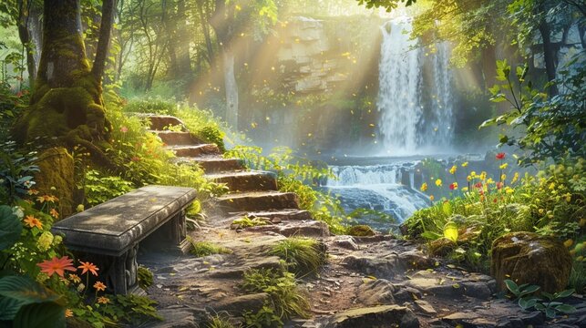 An idyllic nature landscape with a weathered stone bench overlooking a cascading waterfall surrounded by lush greenery, the sound of rushing water filling the air with a sense of vitality