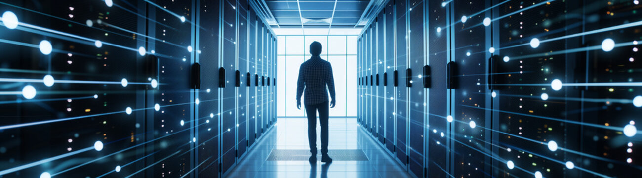 Data engineer technology in a server room to access data