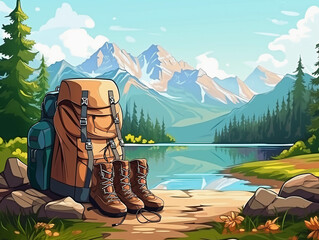 hiking backpack and boots and gear equipment for mountain and forest woods nature outdoor activity camping and holiday activity destination wild trip with lake and snow landscape banner 