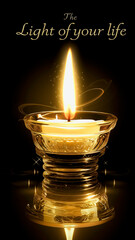 A decorative candle in a glass holder casts a warm light, beneath the inspirational text "The Light of your life" on a dark background