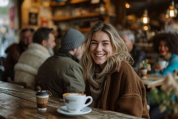 A lively smiling young woman is seated at a cafe table, showing the joy and energy of urban social life - obrazy, fototapety, plakaty
