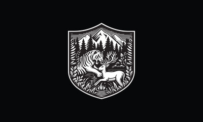 shield with tiger hunting deer logo, tiger, mountain logo design 