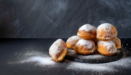 a plate of beignets with powdered sugar on a dark slate background. gourmet food photography. copy text space