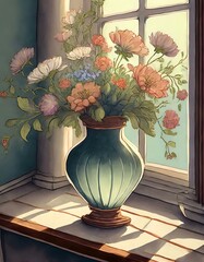 illustration of a vase of blooming flowers in a windowsill. beautiful vintage-inspired floral artwork. 