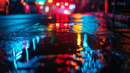 Multi-colored neon lights in a puddle on a dark city street, reflection of neon color. Night city. Abstract night background. - obrazy, fototapety, plakaty