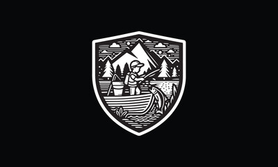 shield with boy, fishing, mountain river, forest, trees, logo design 