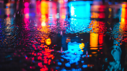 Multi-colored neon lights in a puddle on a dark city street, reflection of neon color. Night city. Abstract night background.