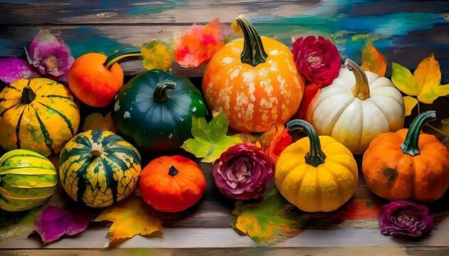 photo of vibrant pumpkins, gourds, fall leaves, and flowers on a wooden background