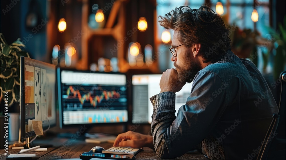 Poster trader looking at the desktop, using pc computer analyzing financial risks, investment profit foreca