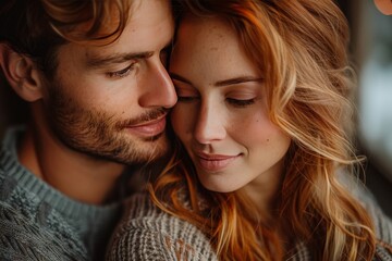 An affectionate couple in cosy sweaters sharing a loving embrace with eyes closed