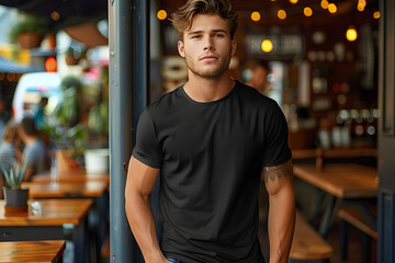 Young man wearing bella canvas black t shirt and jeans, at a cozy restaurant on summers day. Design tshirt template, print presentation mockup. - obrazy, fototapety, plakaty